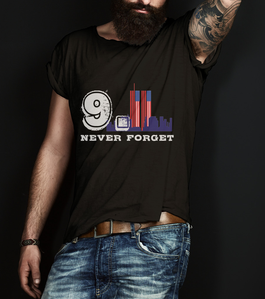 9 Never Forget Twin Towers Skyline American Flag T-Shirt
