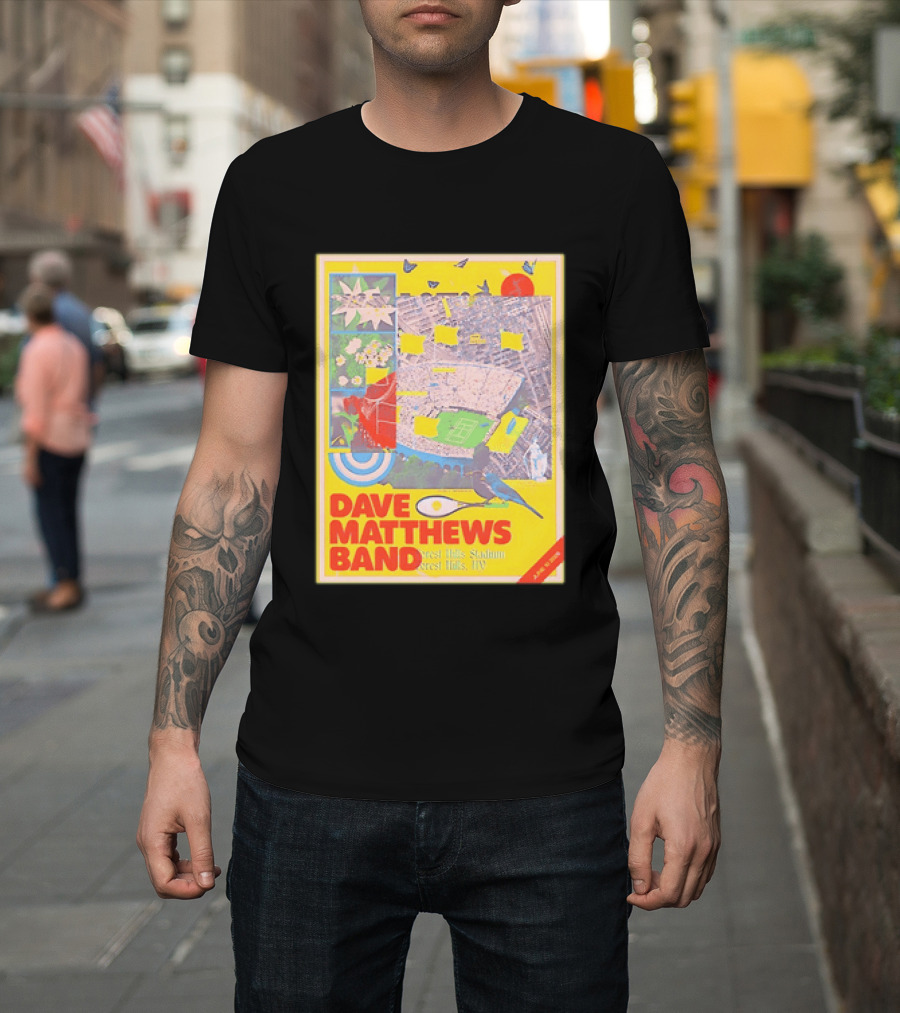 Dave Matthews Band Forest Hills NY 2026 Stadium June 10 Art Collage Stadium Map And Bird T-Shirt