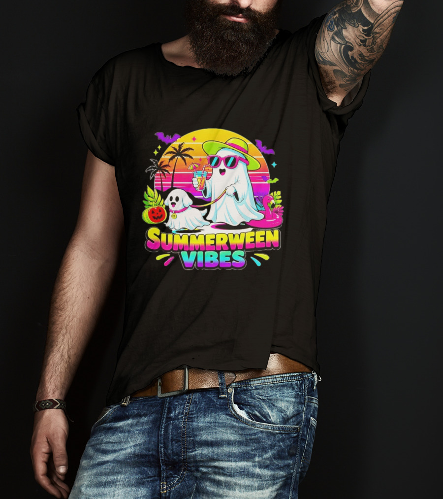 Summerween Vibes Ghost Walking Dog Retro Sunset Tropical Beach Party T-Shirt