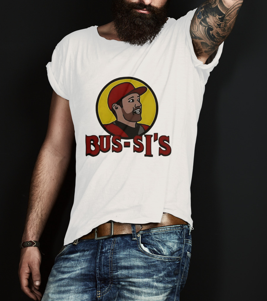 Bus Si's Baseball Player Cartoon Logo Design White T-Shirt