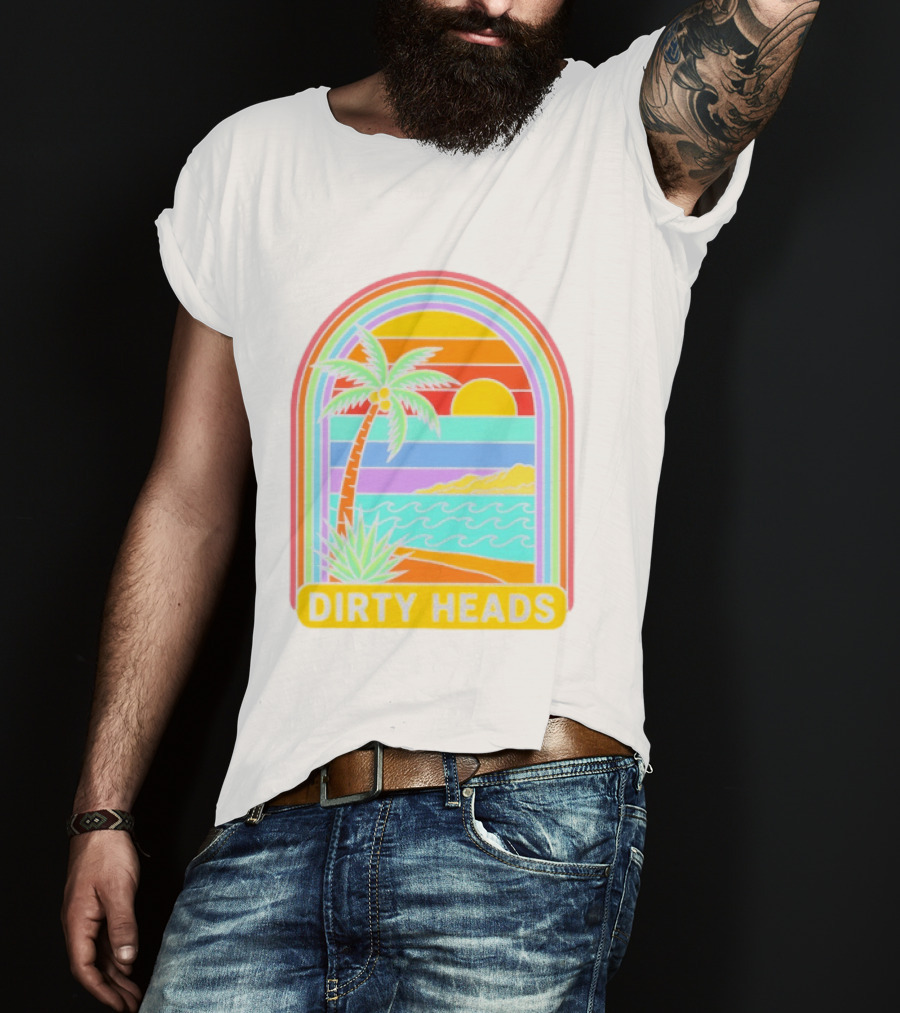 Dirty Heads Tropical Beach Palm Tree Rainbow Arch Sunset T-Shirt