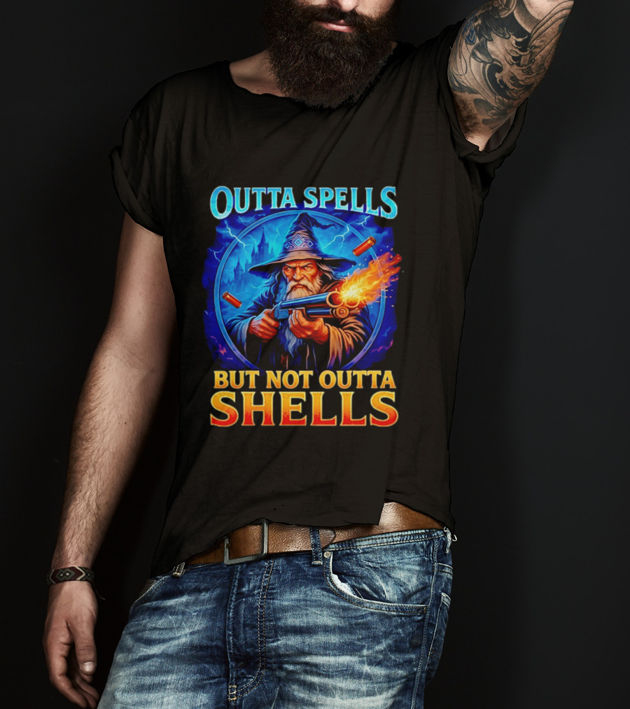 Outta Spells But Not Outta Shells Wizard With Gun Fantasy Humor T-Shirt
