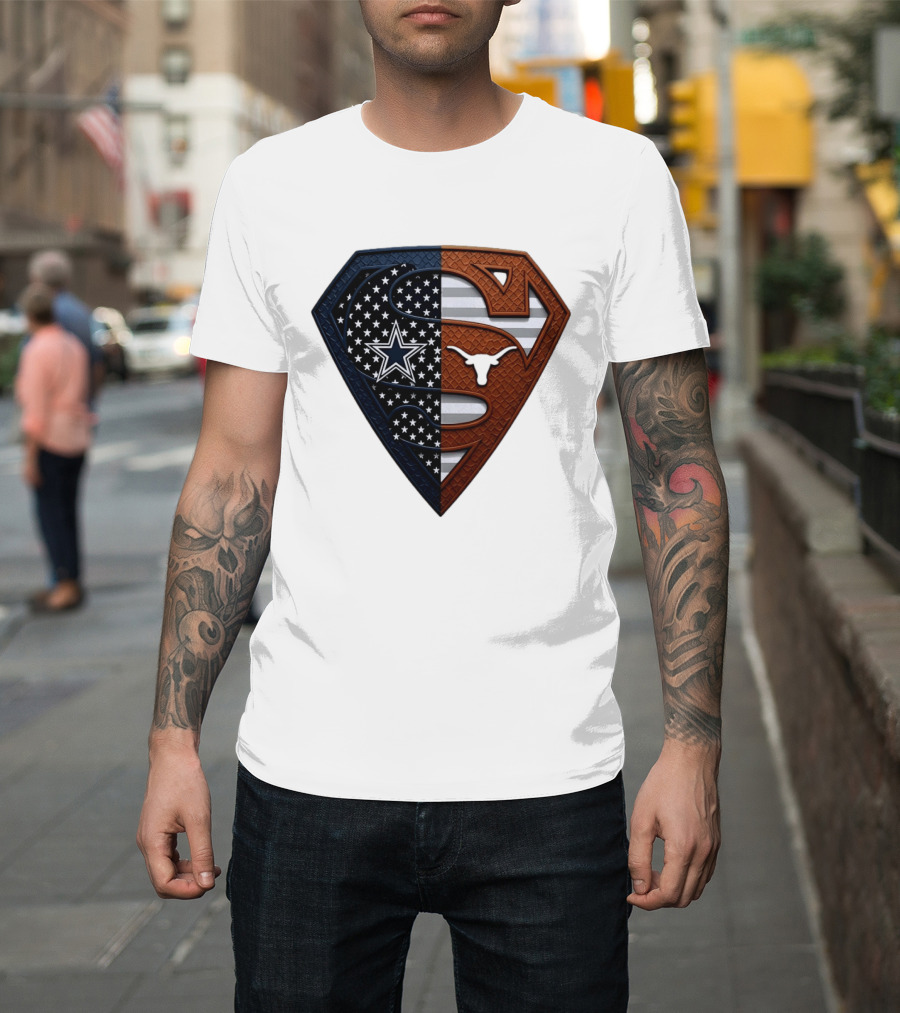 Dallas Cowboys Texas Longhorns Superman Shield Split Dual Icon Emblems T-Shirt