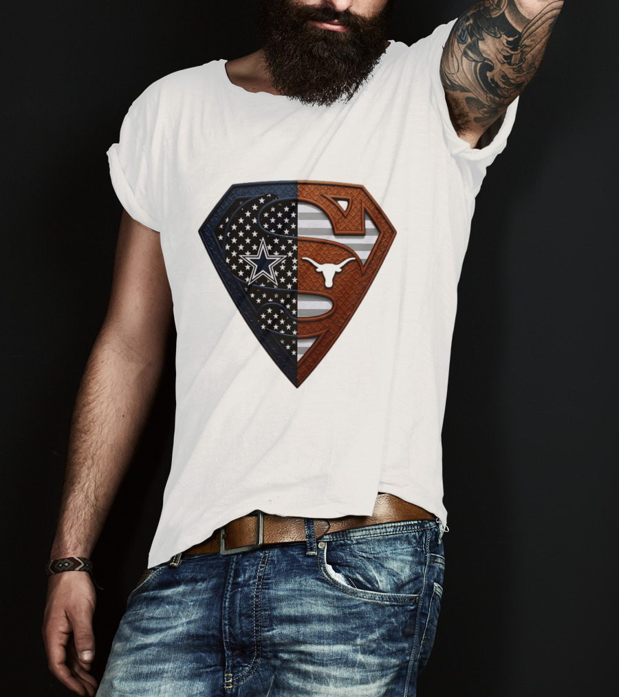 Dallas Cowboys Texas Longhorns Superman Shield Split Dual Icon Emblems T-Shirt