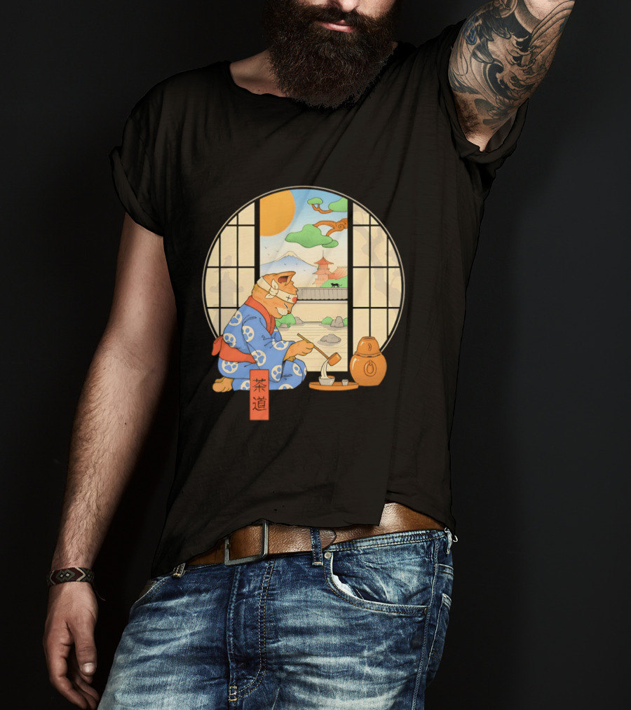 Ukiyo E Style Cat Tea Ceremony With Japanese Landscape T-Shirt