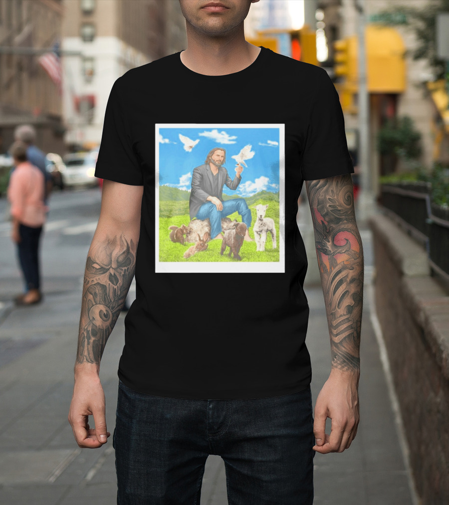 Keanu Reeves Surrounded By Animals In Peaceful Steppe Landscape T-Shirt