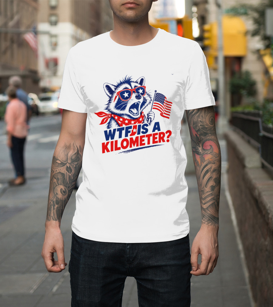 WTF Is A Kilometer Star Spangled Raccoon Holding American Flag 4th Of July T-Shirt