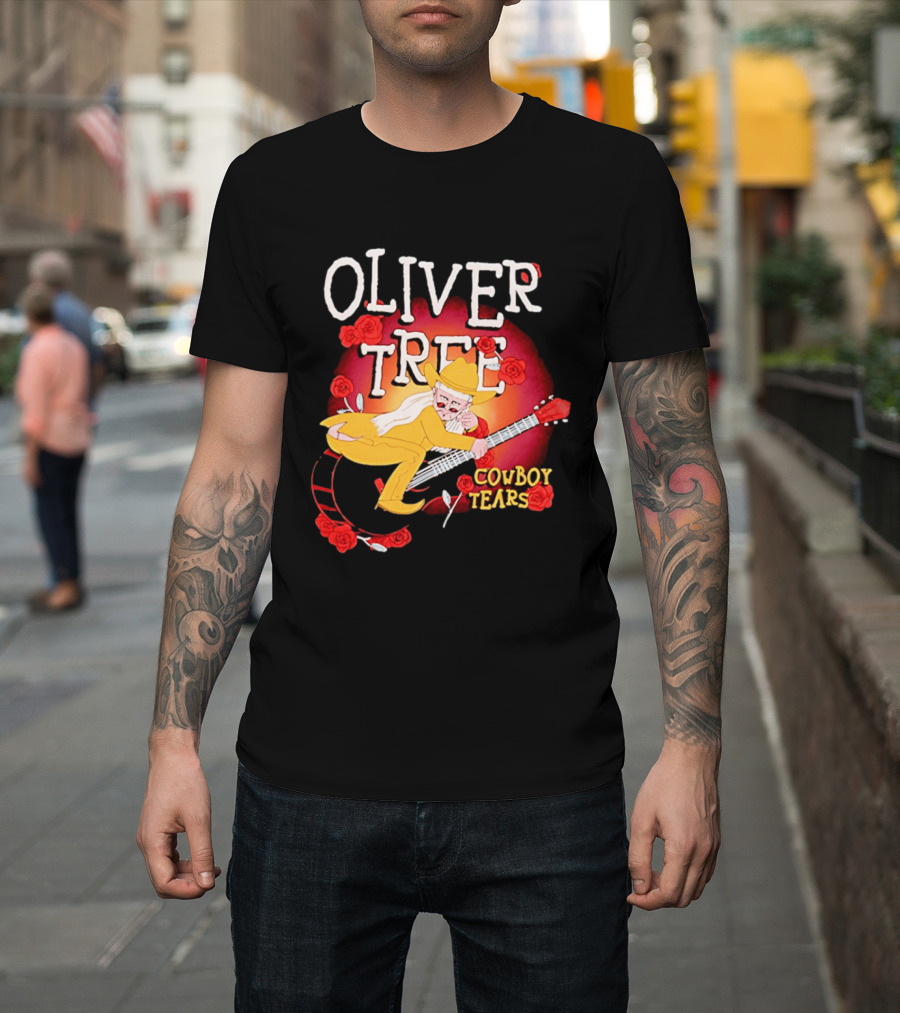 Oliver Tree Cowboy Tears Cartoon Character With Roses And Guitar T-Shirt