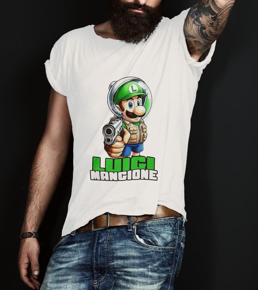 Luigi Mangione Super Mario Green Hat Gun Image T-Shirt