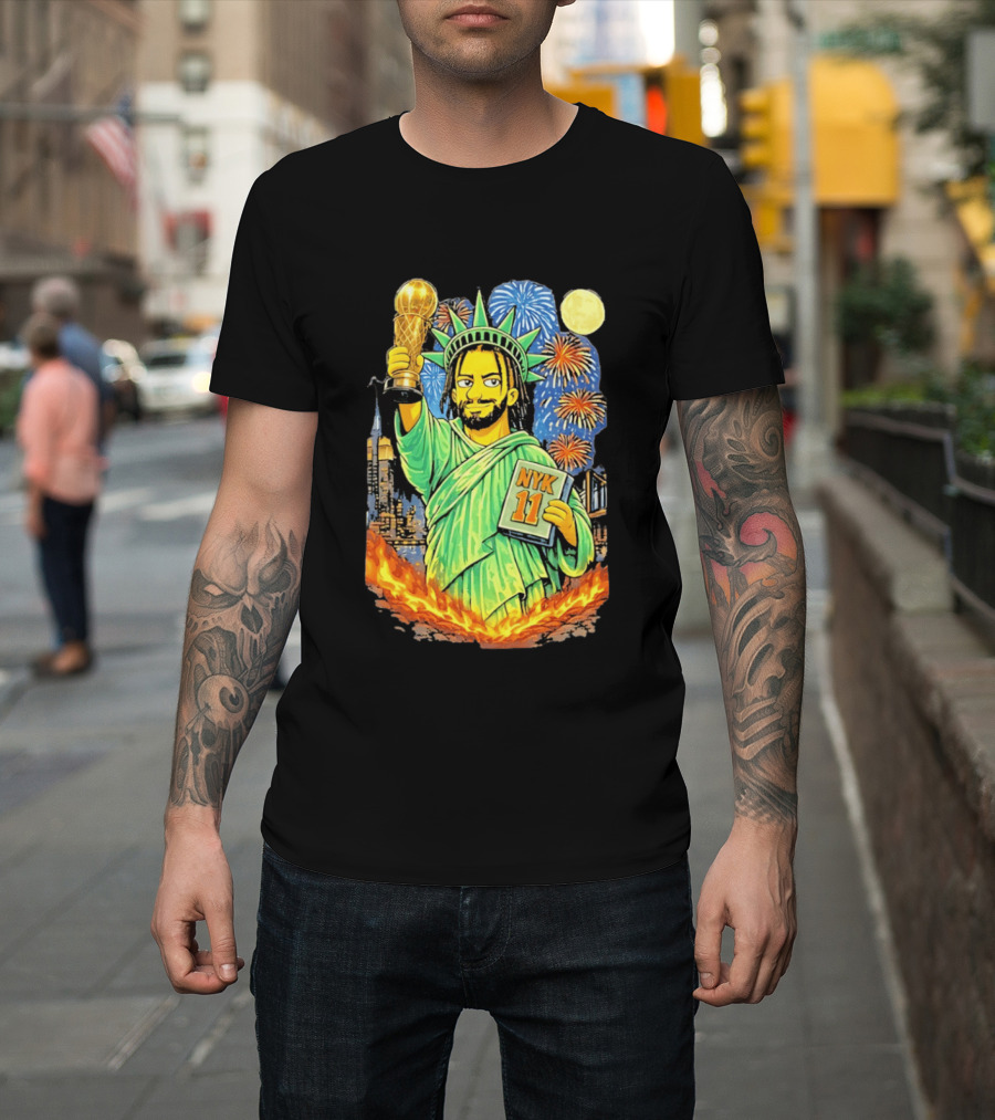 New York Knicks Jalen Brunson As Statue Of Liberty NYK 11 With Trophy And Fireworks T-Shirt
