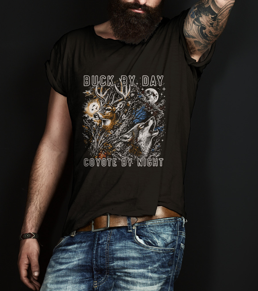 Buck By Day Coyote By Night Deer And Wolf Moon Scene T-Shirt