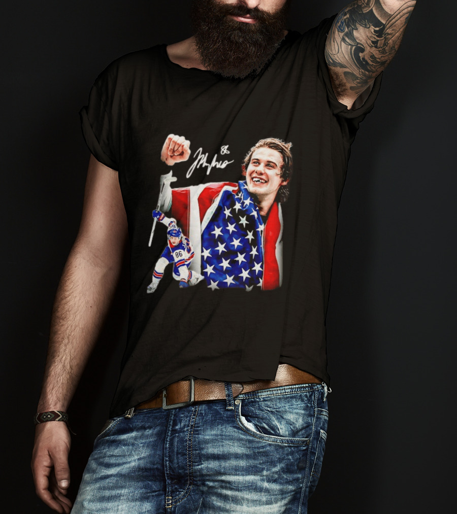 Jack Hughes New Jersey Devils USA Flag 86 Hockey Celebration T-Shirt