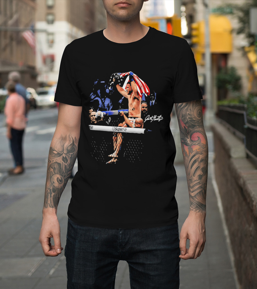Justin Gaethje Celebrating With American Flag Victory Pose Signature Edition T-Shirt