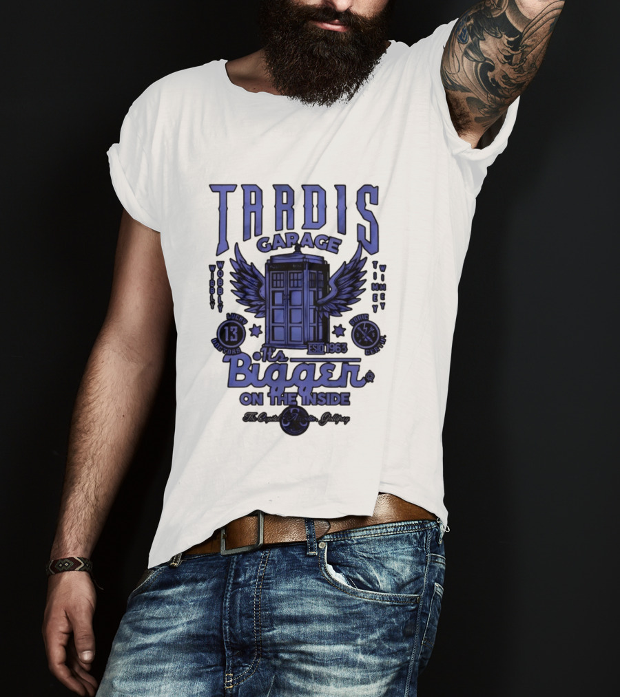 Tardis Garage It's Bigger On The Inside Lucky 13 Doctors Wibbly Wobbly Timely Wimey Sonic Crafted Estd 1963 T-Shirt