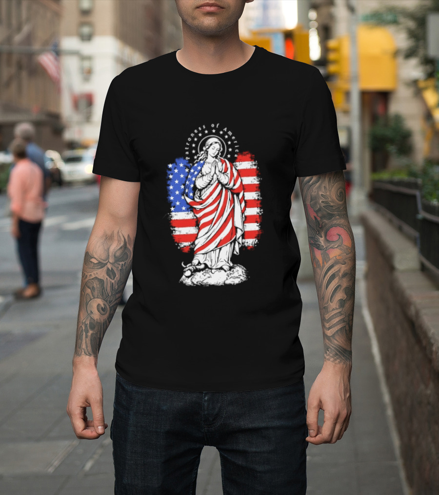 Blessed Virgin Mary Patroness Of The USA With American Flag Colors Catholic T-Shirt