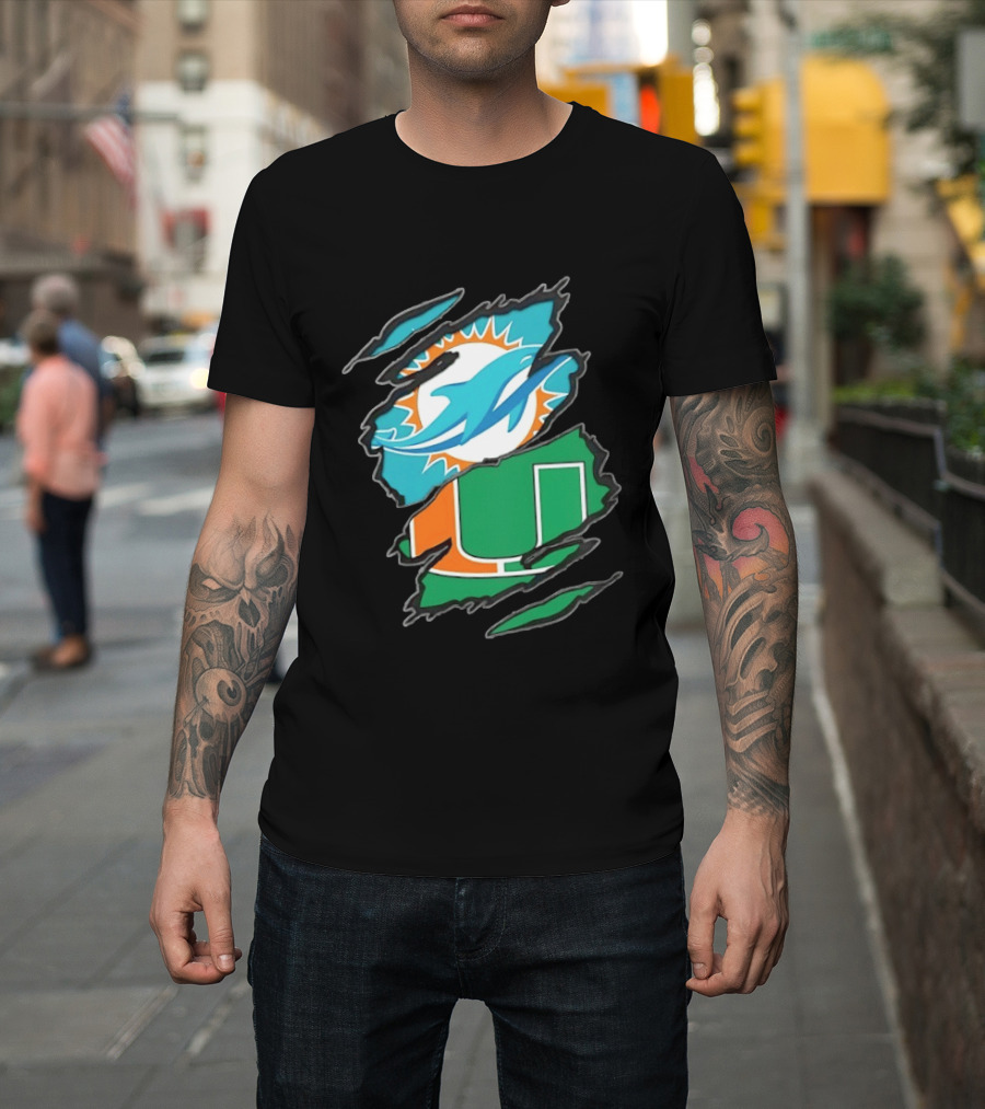 Miami Dolphins And Miami Hurricanes Two Teams One Heart Scratch T-Shirt
