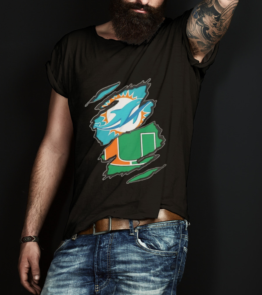 Miami Dolphins And Miami Hurricanes Two Teams One Heart Scratch T-Shirt