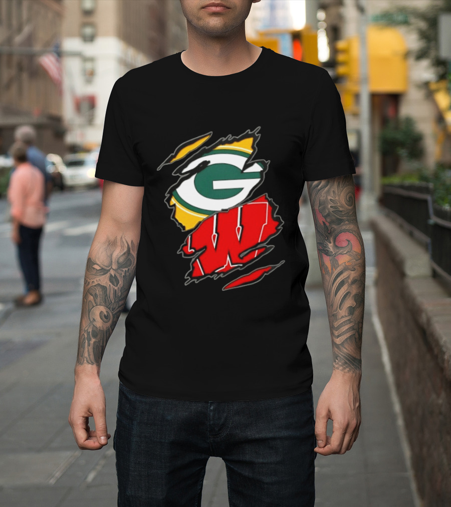 Green Bay Packers Wisconsin Badgers Two Teams One Heart Scratch T-Shirt