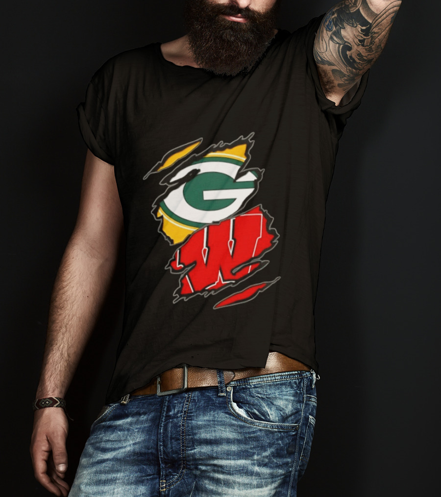 Green Bay Packers Wisconsin Badgers Two Teams One Heart Scratch T-Shirt