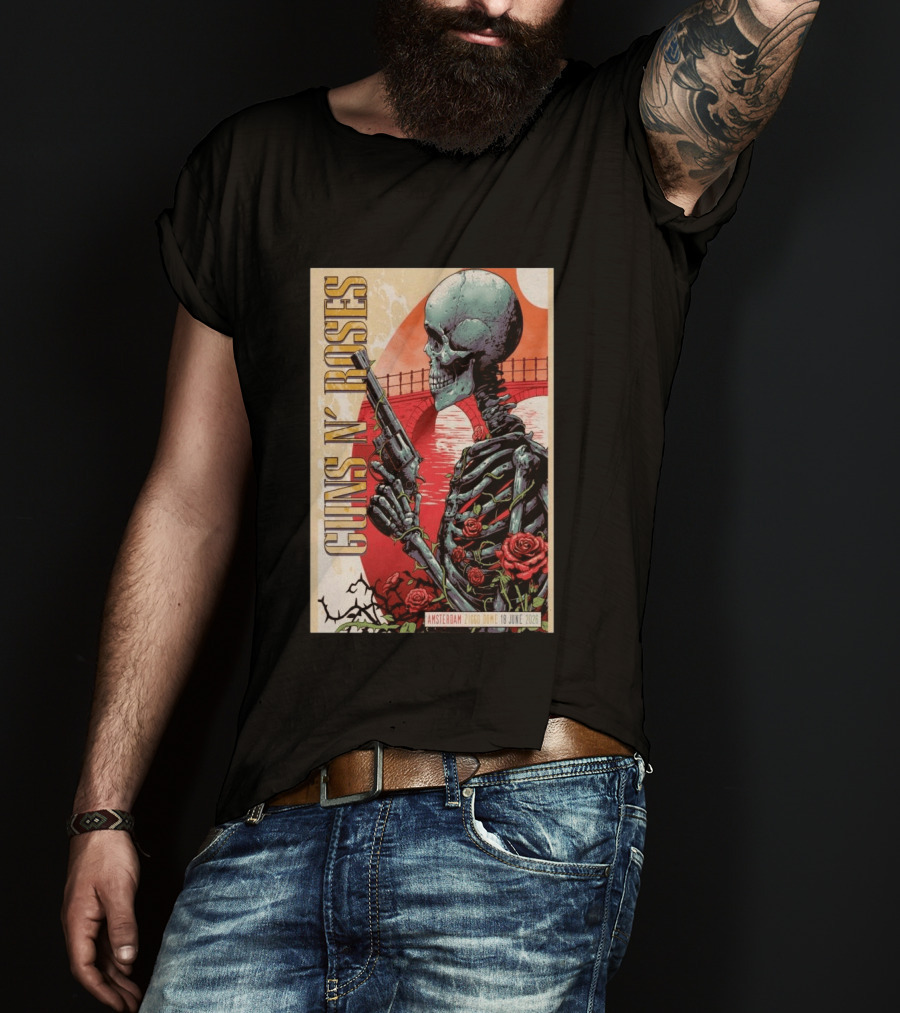 Guns N' Roses Amsterdam 18 June 2026 Ziggo Dome Skeleton With Gun And Roses T-Shirt