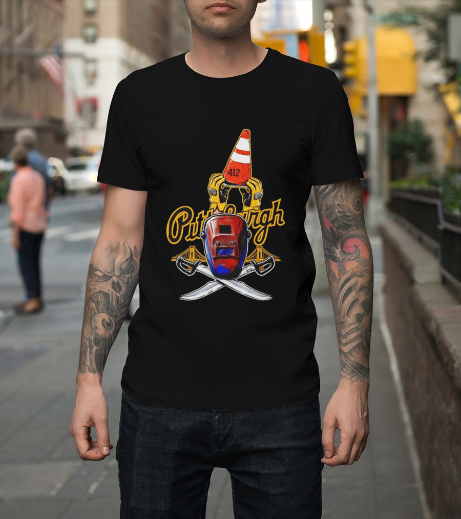 Pittsburgh 412 Welding Mask Construction Cone Crossed Swords Yellow Bridge T-Shirt