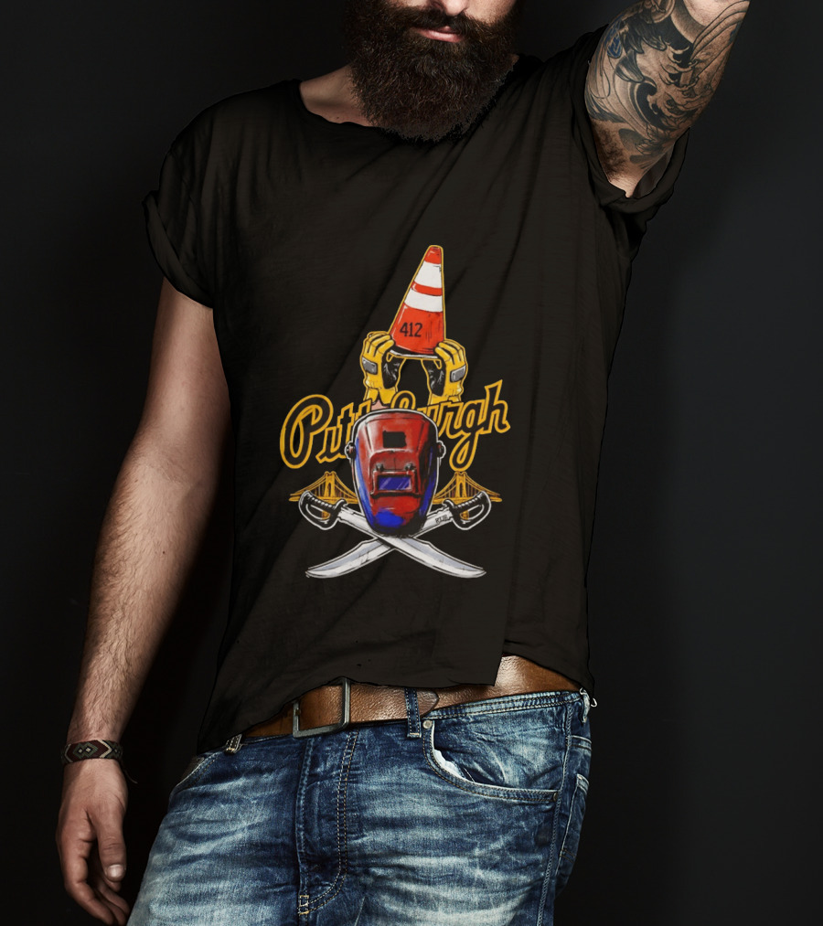 Pittsburgh 412 Welding Mask Construction Cone Crossed Swords Yellow Bridge T-Shirt