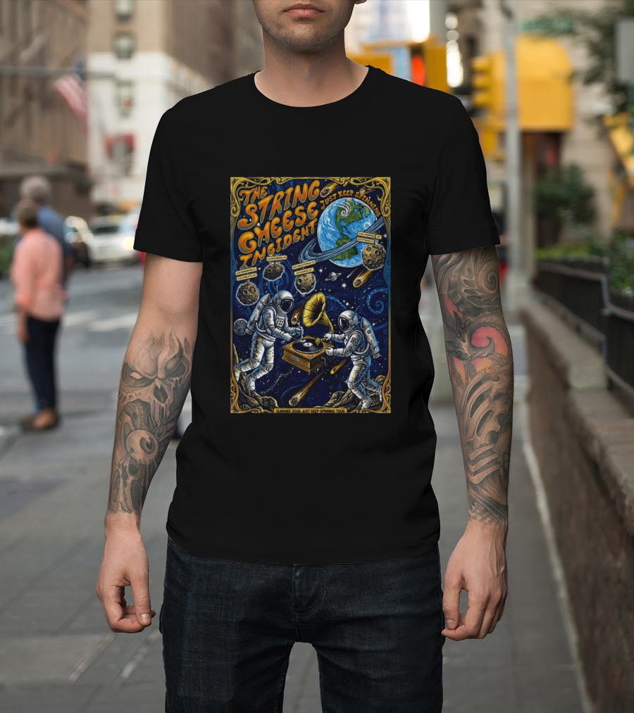 The String Cheese Incident Summer 2026 Just Keep Spinning Tour Astronauts Vinyl Planet T-Shirt