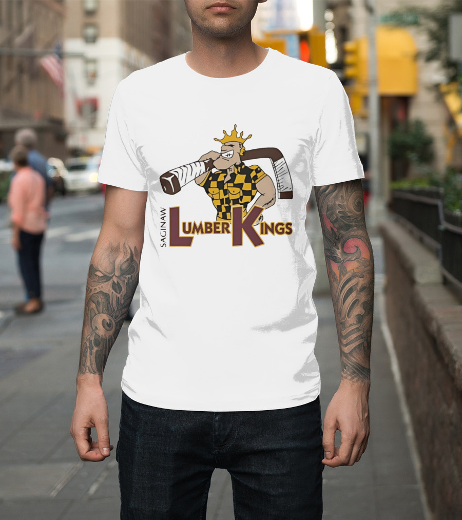 Saginaw Lumber Kings Hockey Team Logo Player With Crown And Hockey Stick T-Shirt