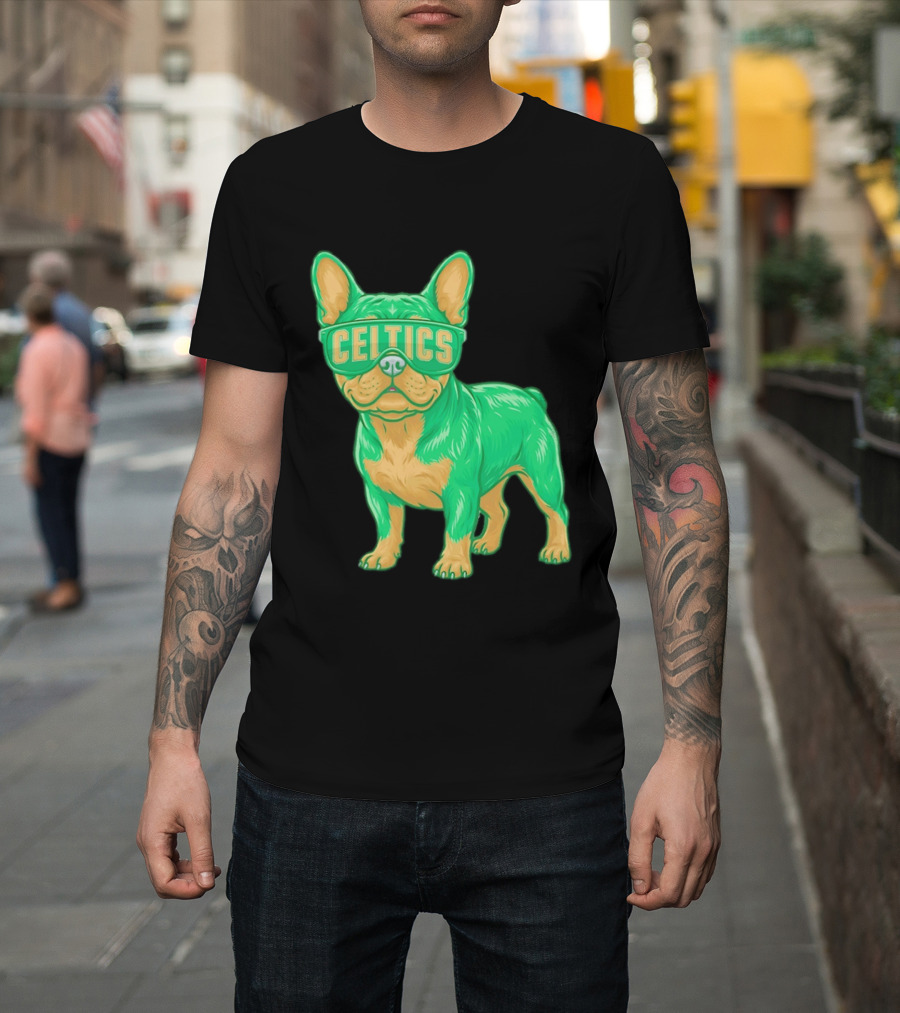 Boston Celtics French Bulldog Wearing Celtics Glasses T-Shirt