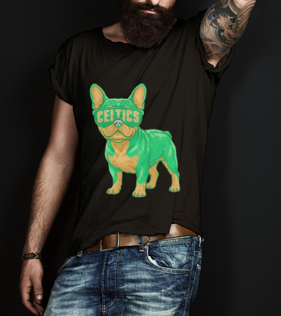 Boston Celtics French Bulldog Wearing Celtics Glasses T-Shirt