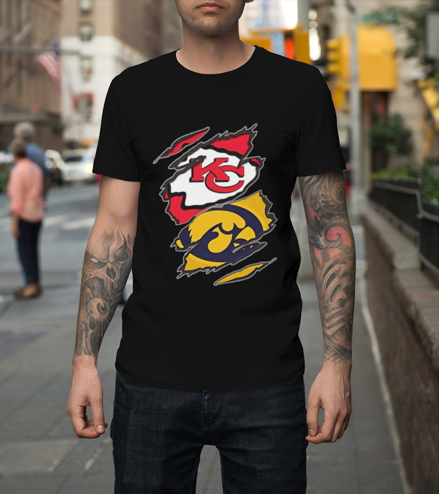 Kansas City Chiefs And Iowa Hawkeyes Two Teams One Heart Scratch KC Logo Iowa T-Shirt