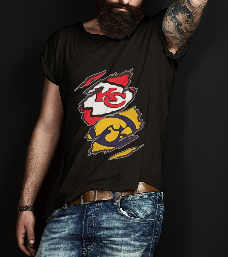 Kansas City Chiefs And Iowa Hawkeyes Two Teams One Heart Scratch KC Logo Iowa T-Shirt