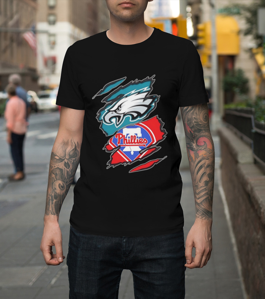 Philadelphia Eagles And Philadelphia Phillies Two Teams One Heart Scratch Logo Fusion T-Shirt