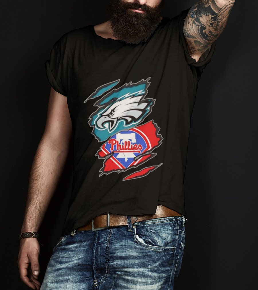 Philadelphia Eagles And Philadelphia Phillies Two Teams One Heart Scratch Logo Fusion T-Shirt