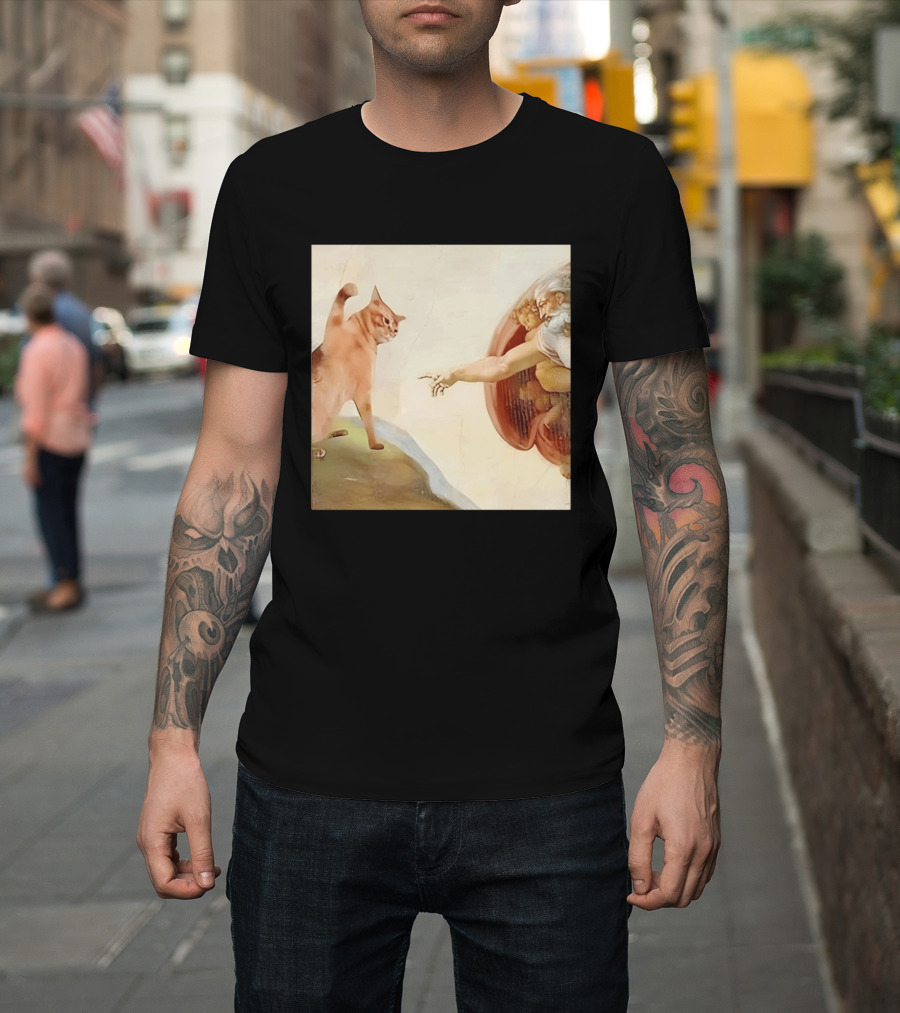 Floppa Meets Creation In Iconic God Touching Fingers Scene T-Shirt