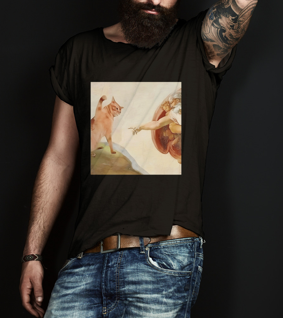 Floppa Meets Creation In Iconic God Touching Fingers Scene T-Shirt