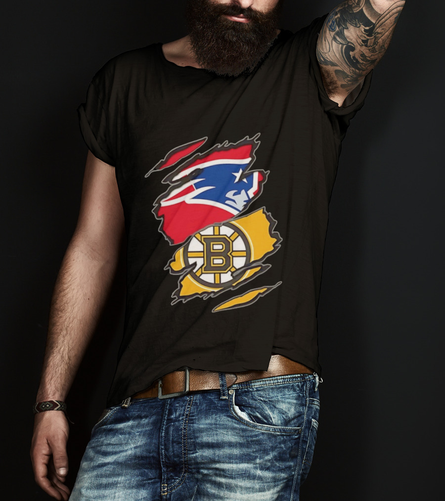 New England Patriots Boston Bruins Two Teams One Heart Scratch NFL NHL Fan T-Shirt