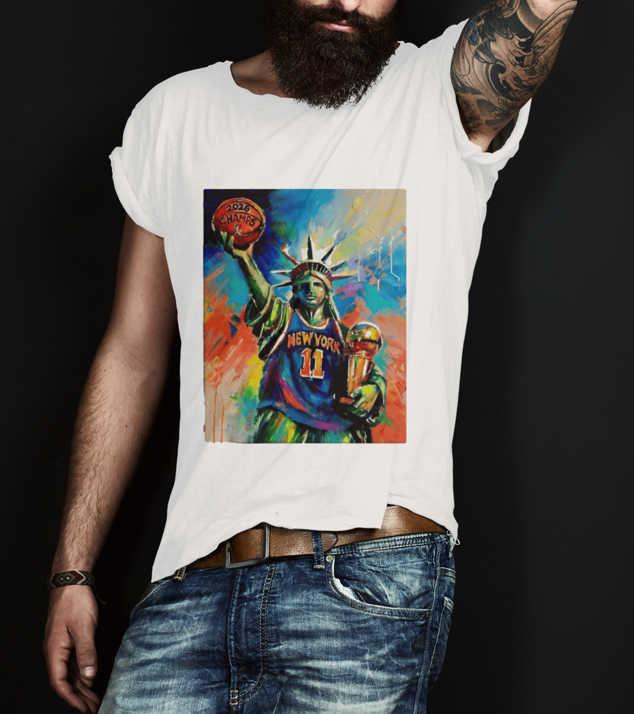 New York Knicks 11 Statue Of Liberty 2026 Champs Trophy Basketball T-Shirt