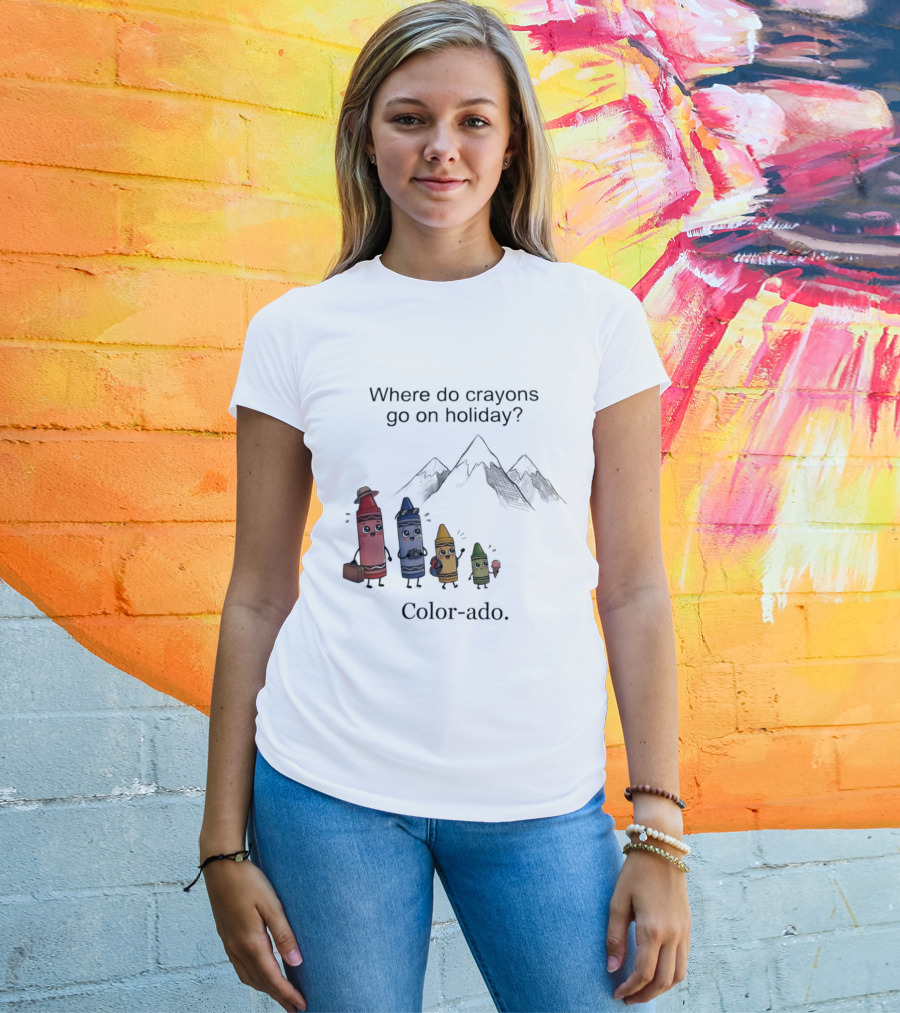Where Do Crayons Go On Holiday In Color Ado Funny Pun With Crayon Characters And Mountains T-Shirt