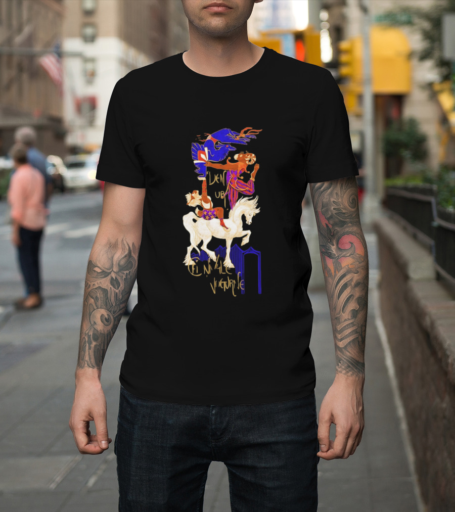 Cirque Style Acrobats On Horseback With Blue And Gold Accents T-Shirt