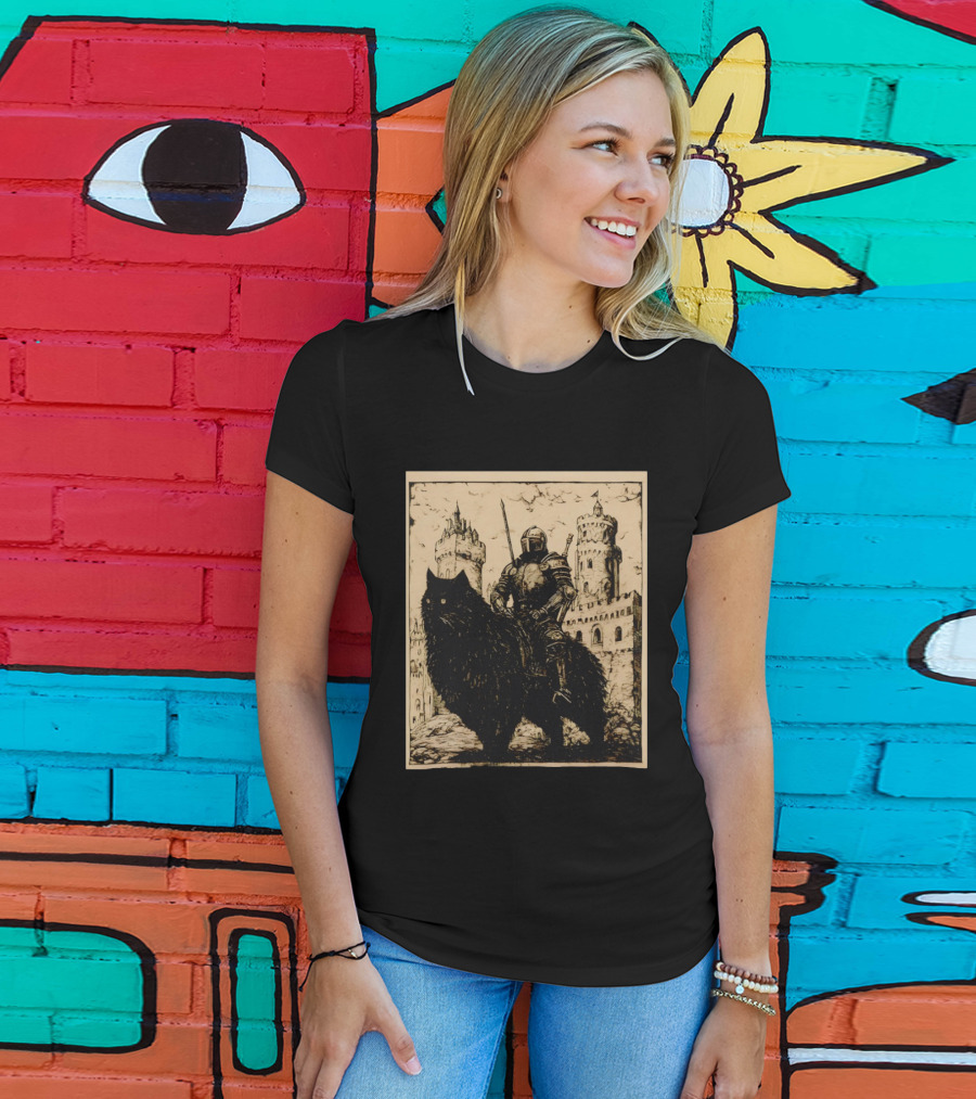 Knight Riding Giant Cat In Medieval Fantasy Castle Scene T-Shirt