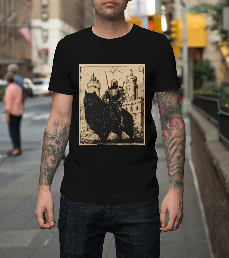 Knight Riding Giant Cat In Medieval Fantasy Castle Scene T-Shirt