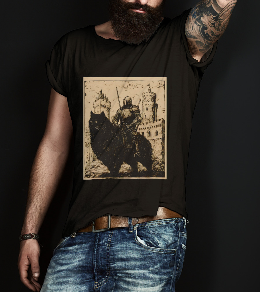 Knight Riding Giant Cat In Medieval Fantasy Castle Scene T-Shirt