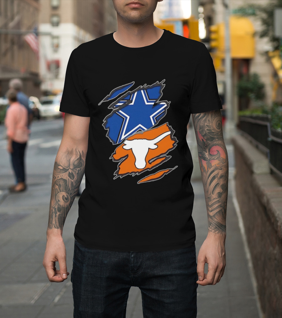 Dallas Cowboys Texas Longhorns Two Teams One Heart Scratch Torn Star Helmet T-Shirt
