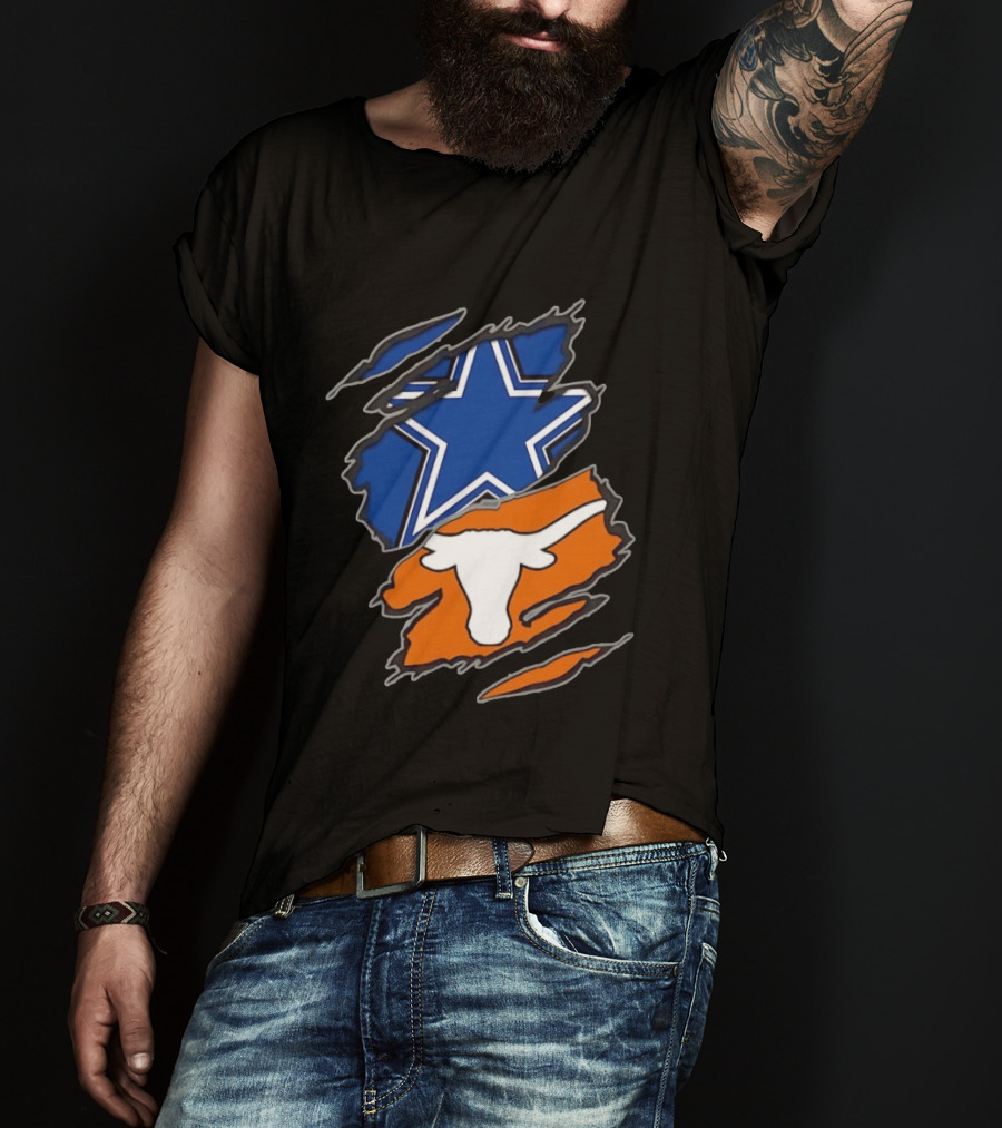 Dallas Cowboys Texas Longhorns Two Teams One Heart Scratch Torn Star Helmet T-Shirt