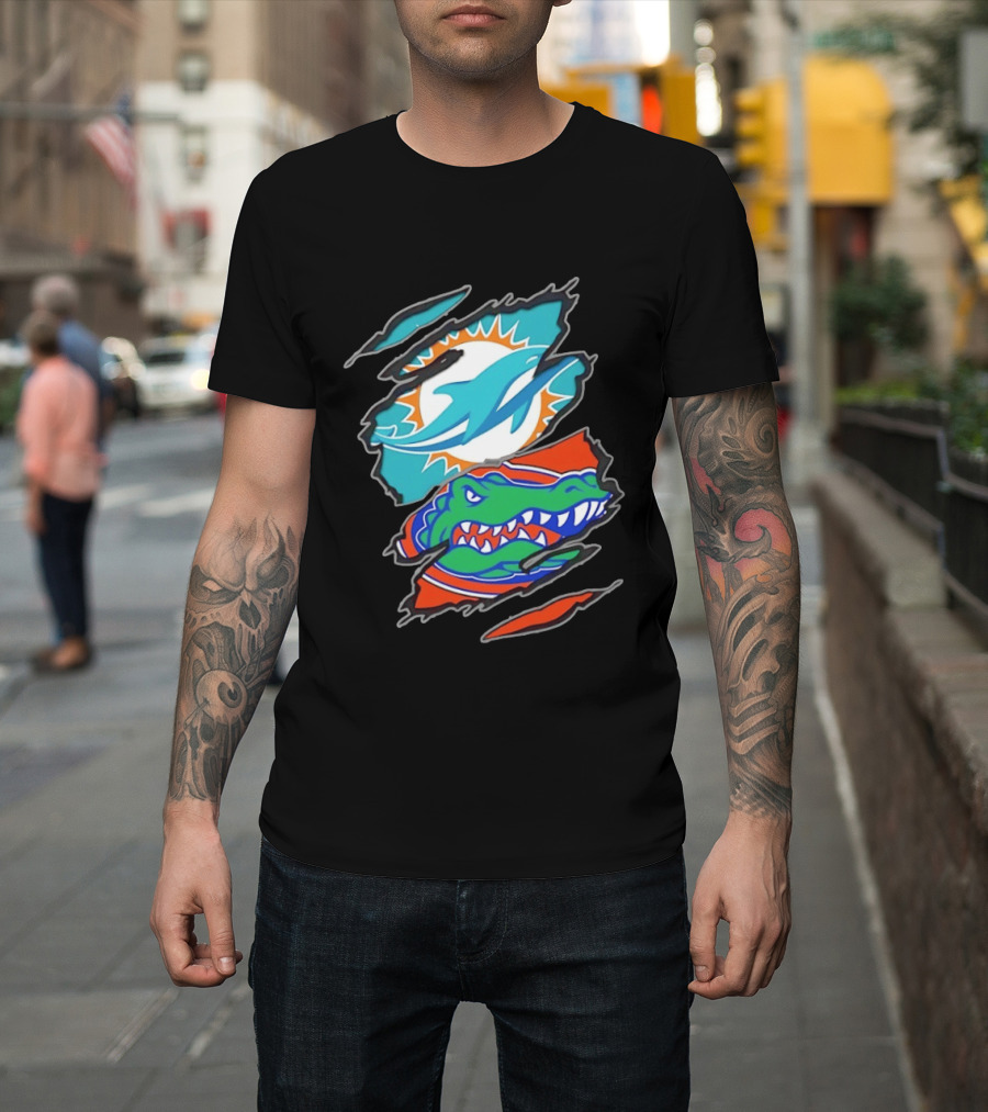 Miami Dolphins Florida Gators Two Teams One Heart Scratch T-Shirt