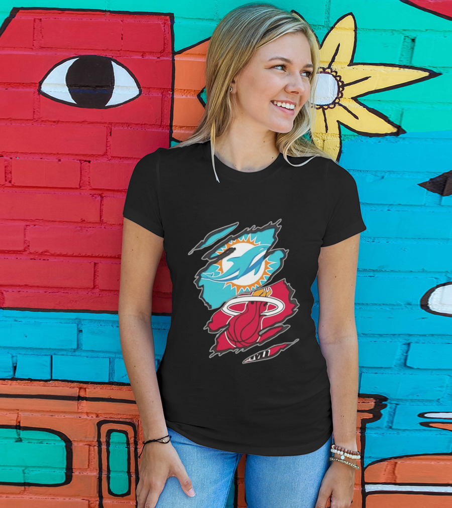 Miami Dolphins Miami Heat Two Teams One Heart Scratch T-Shirt