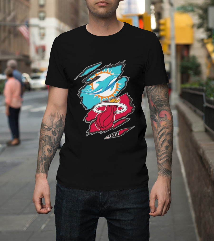 Miami Dolphins Miami Heat Two Teams One Heart Scratch T-Shirt