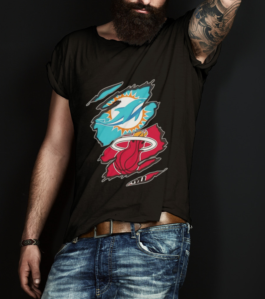 Miami Dolphins Miami Heat Two Teams One Heart Scratch T-Shirt