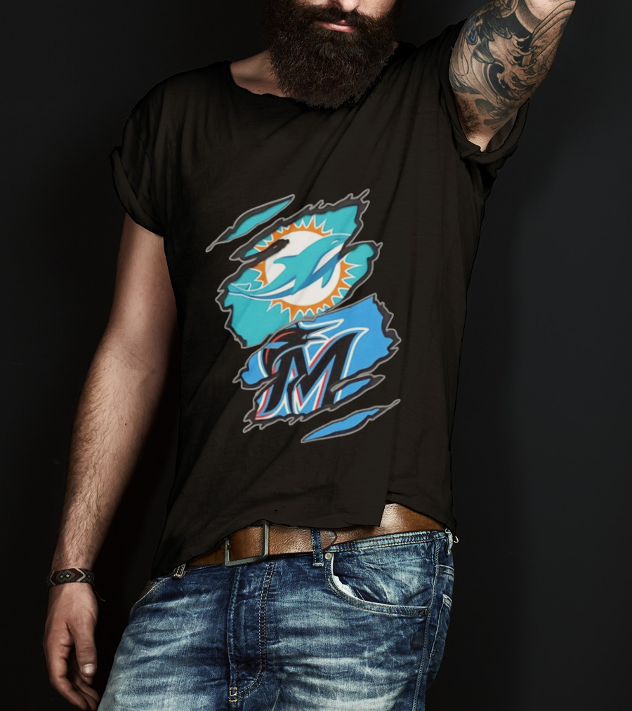 Miami Dolphins Miami Marlins Two Teams One Heart Scratch Marks T-Shirt
